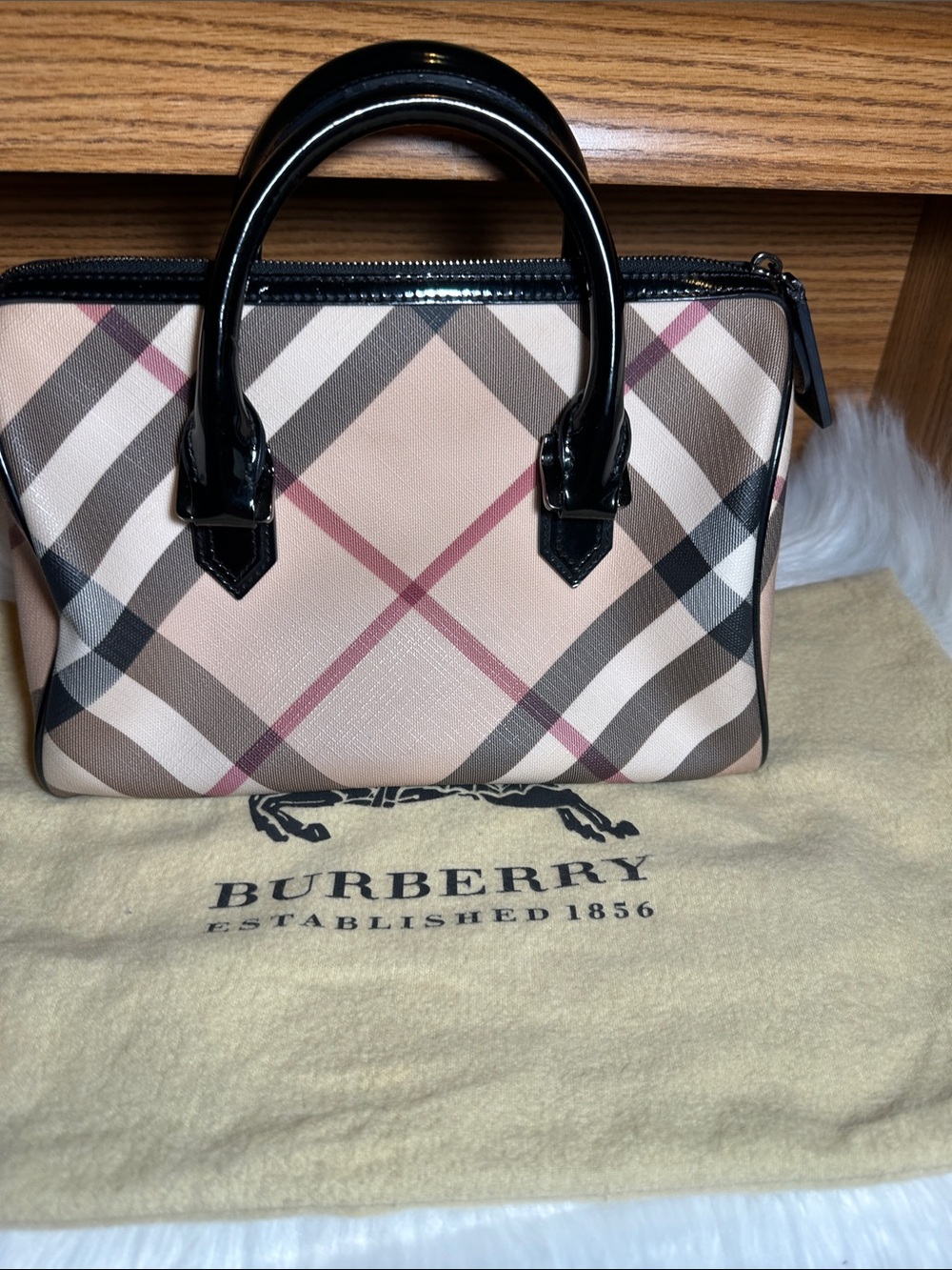 Burberry Pink Beige Nova Check Mini Satchel with Black Patent Handles
